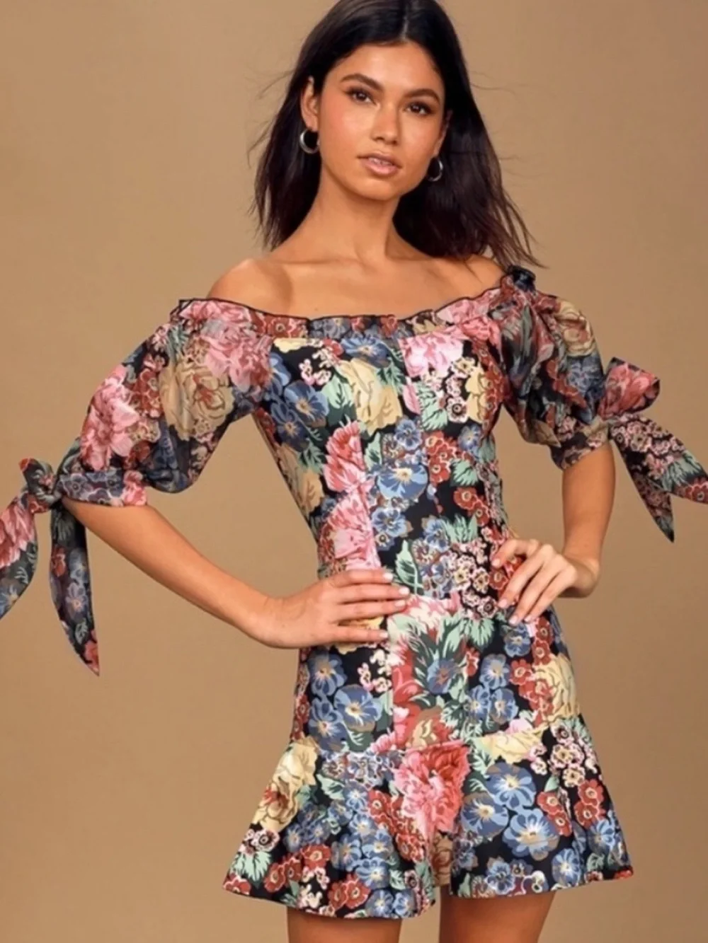 KEEPSAKE the Label Black Multi Floral Off-Shoulder mini dress dark croquette
